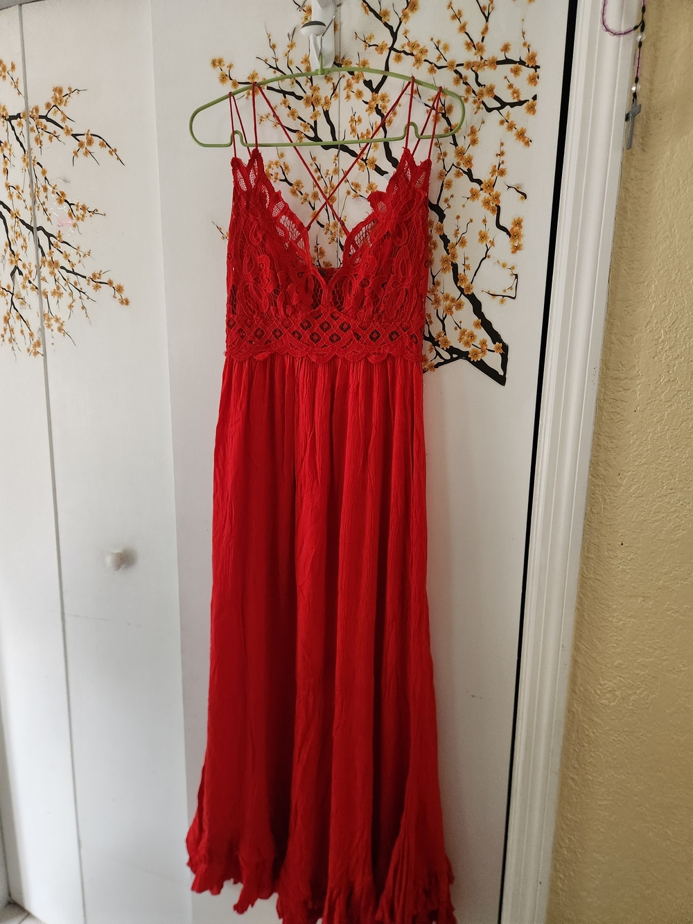 Free People Red Lace Bodice Maxi Dress with Crisscross Straps